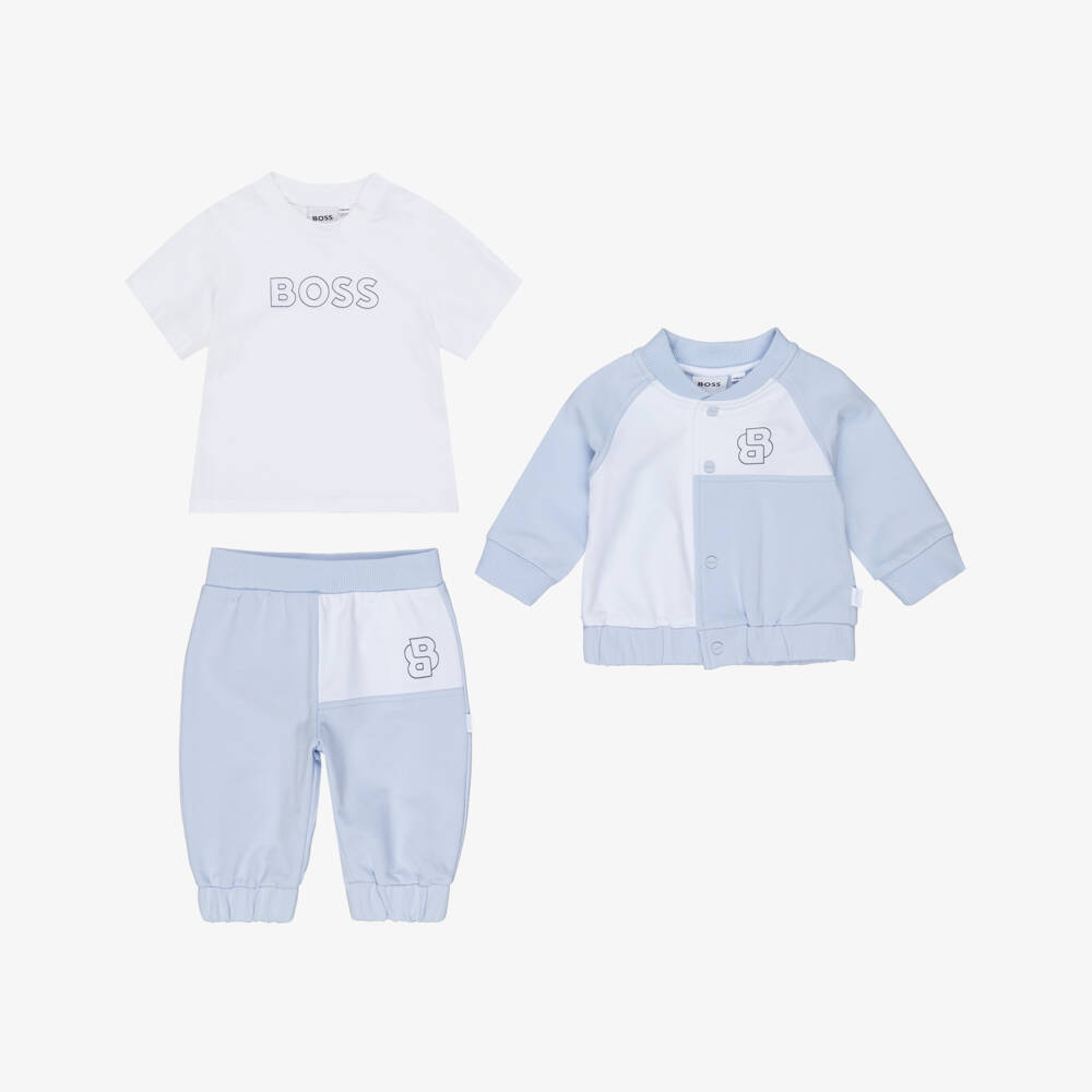 BOSS-Baby Boys Pale Blue Cotton Double B Tracksuit Set | Childrensalon Outlet