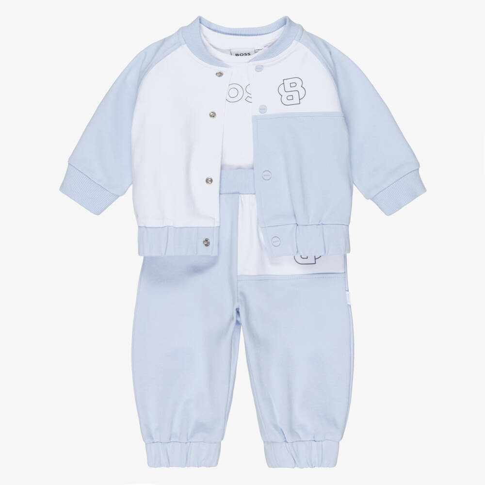 BOSS-Baby Boys Pale Blue Cotton Double B Tracksuit Set | Childrensalon Outlet