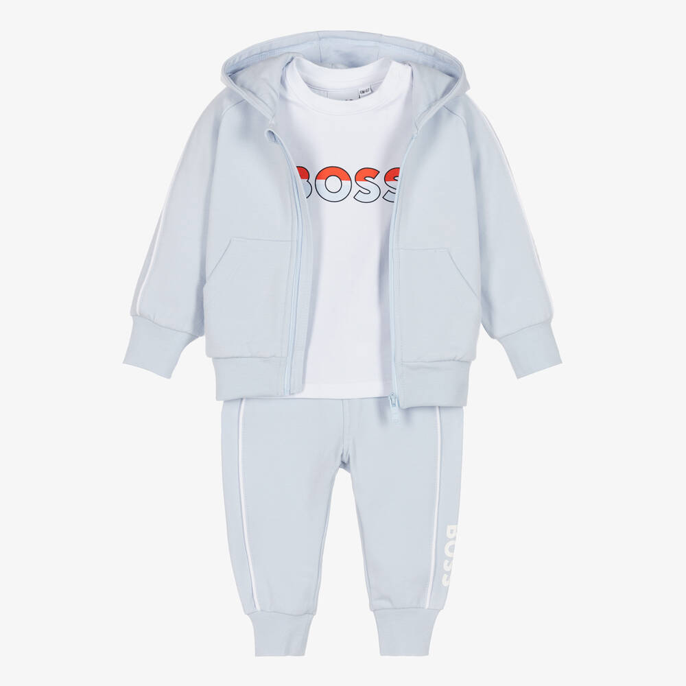 BOSS - Baby Boys Pale Blue Cotton Tracksuit Set | Childrensalon