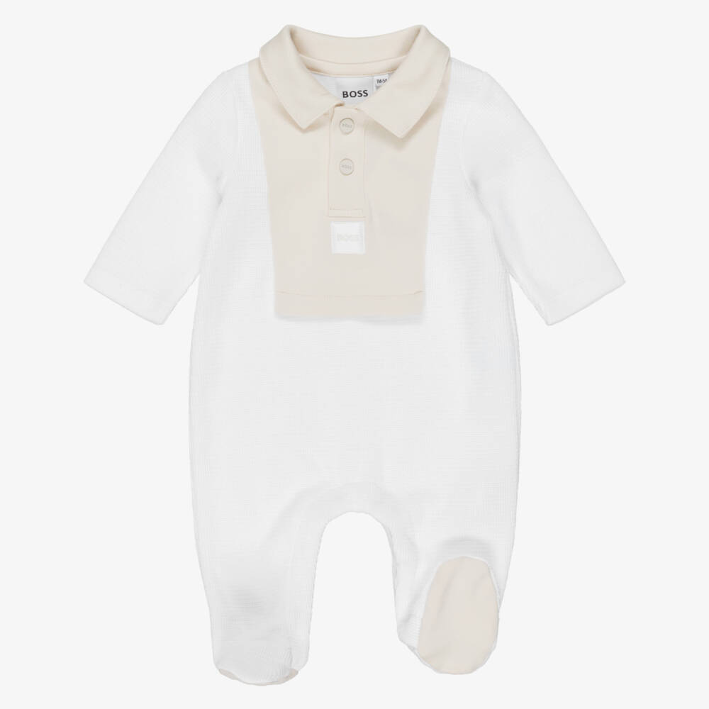 BOSS-Baby Boys White & Beige Cotton Polo Babygrow | Childrensalon Outlet
