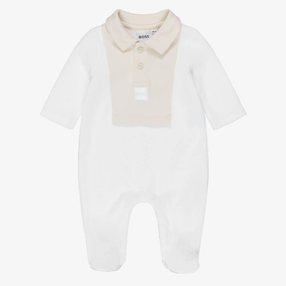 BOSS-Baby Boys White & Beige Cotton Polo Babygrow | Childrensalon Outlet