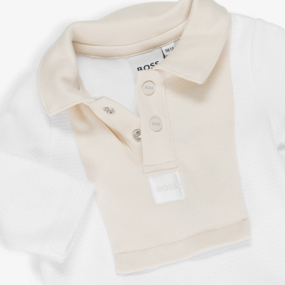 BOSS-Baby Boys White & Beige Cotton Polo Babygrow | Childrensalon Outlet