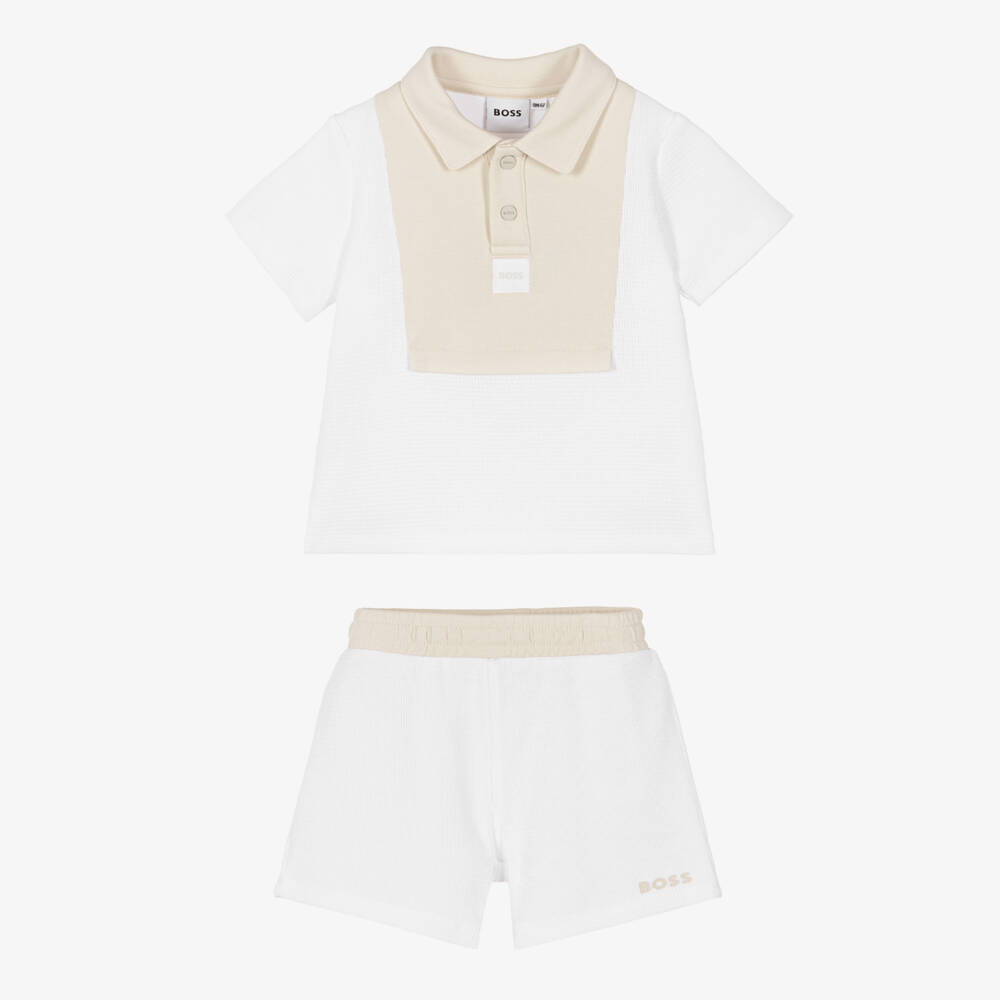 BOSS-Baby Boys White & Beige Knitted Cotton Shorts Set | Childrensalon Outlet