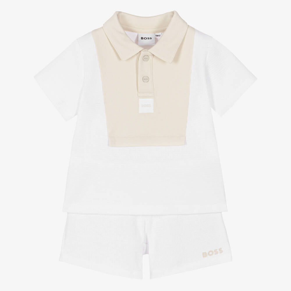 BOSS-Baby Boys White & Beige Knitted Cotton Shorts Set | Childrensalon Outlet