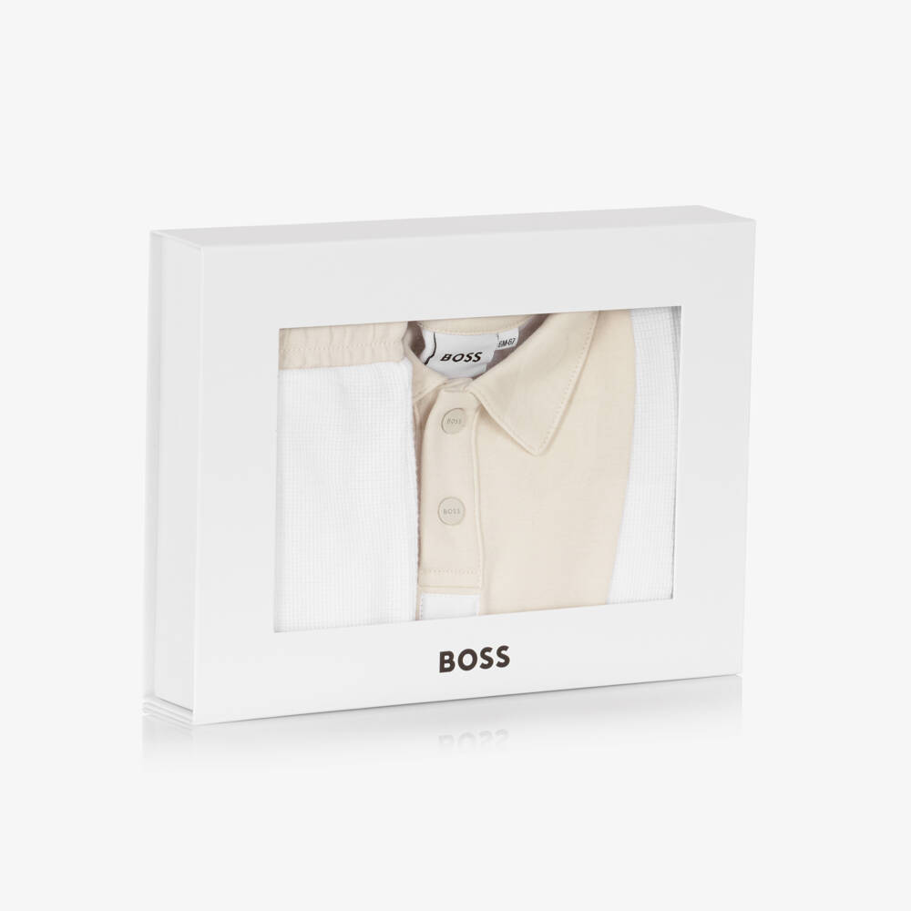 BOSS-Baby Boys White & Beige Knitted Cotton Shorts Set | Childrensalon Outlet