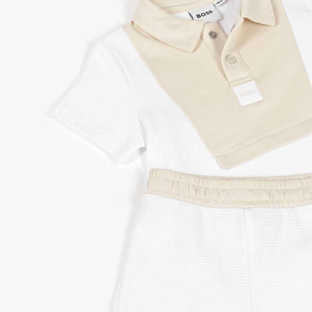 BOSS-Baby Boys White & Beige Knitted Cotton Shorts Set | Childrensalon Outlet