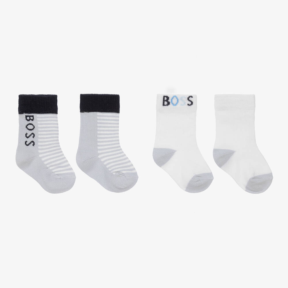 BOSS - Baby Boys White & Blue Cotton Socks (2 Pack) | Childrensalon