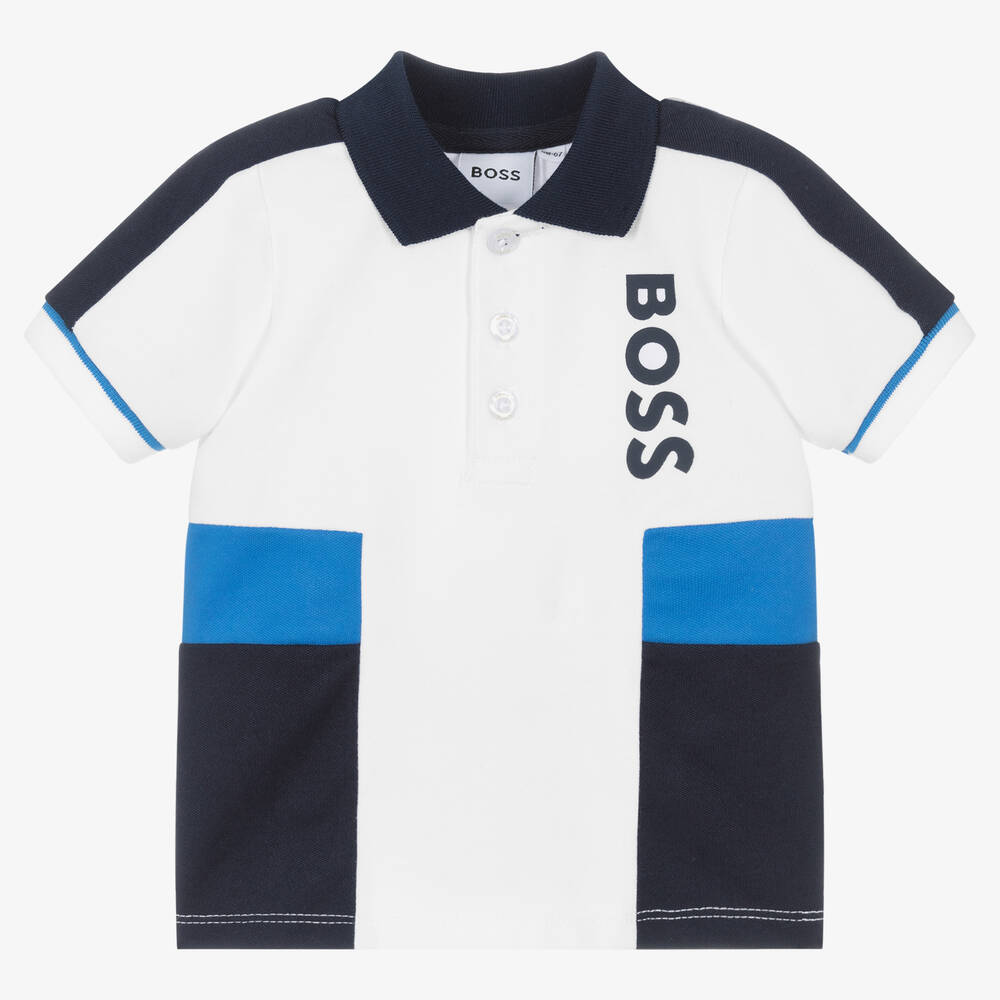 BOSS - Baby Boys White & Blue Polo Shirt | Childrensalon