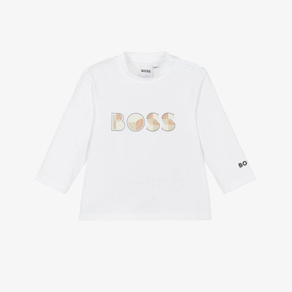 BOSS-Baby Boys White Cotton Jersey Top with Beige Logo | Childrensalon Outlet