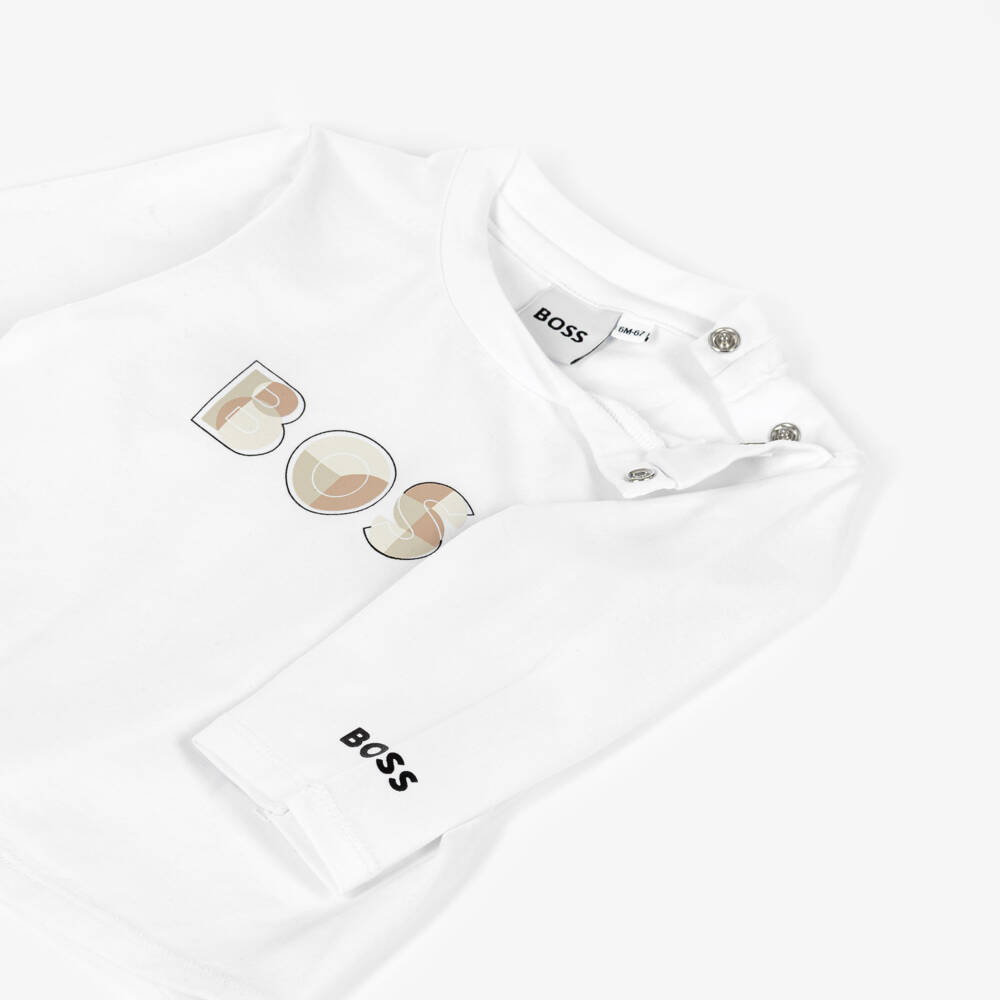 BOSS-Baby Boys White Cotton Jersey Top with Beige Logo | Childrensalon Outlet