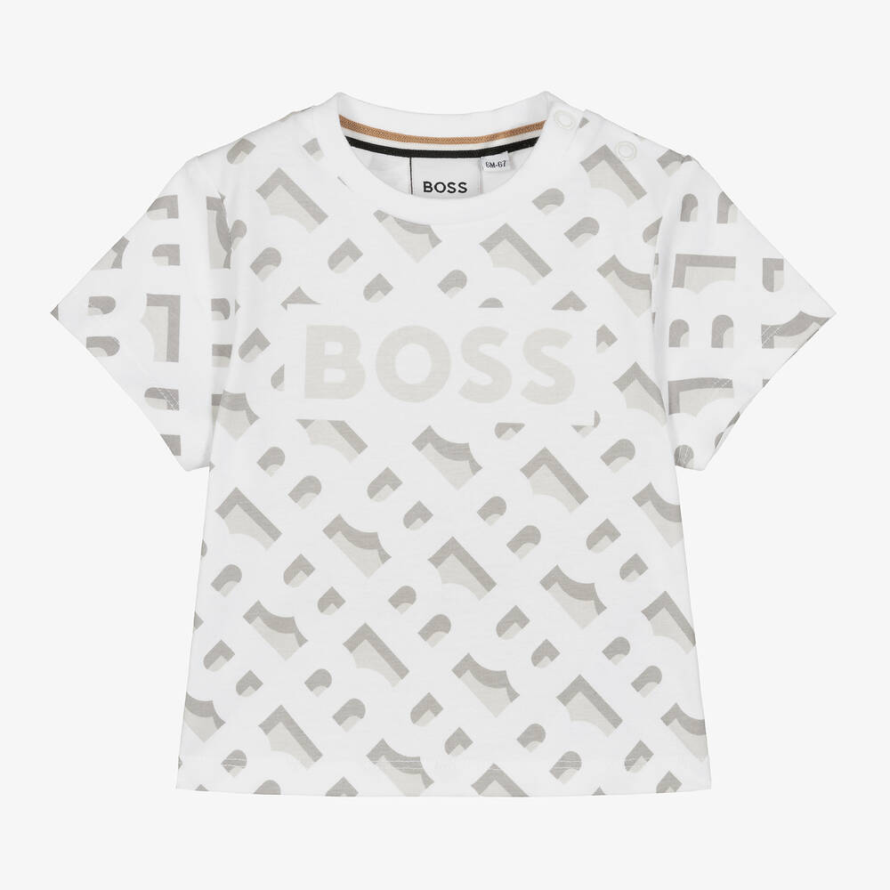 BOSS-Baby Boys White Cotton Monogram T-Shirt | Childrensalon Outlet