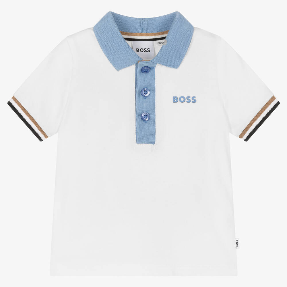 BOSS - Baby Boys White Cotton Piqué Logo Polo Shirt | Childrensalon