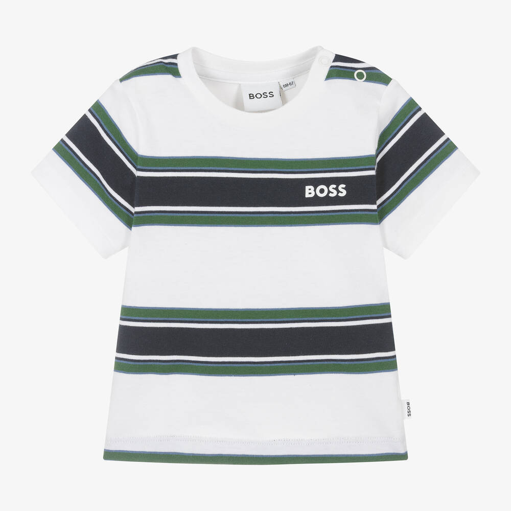 BOSS-تيشيرت أطفال ولادي قطن مقلم لون أبيض وكحلي | Childrensalon Outlet