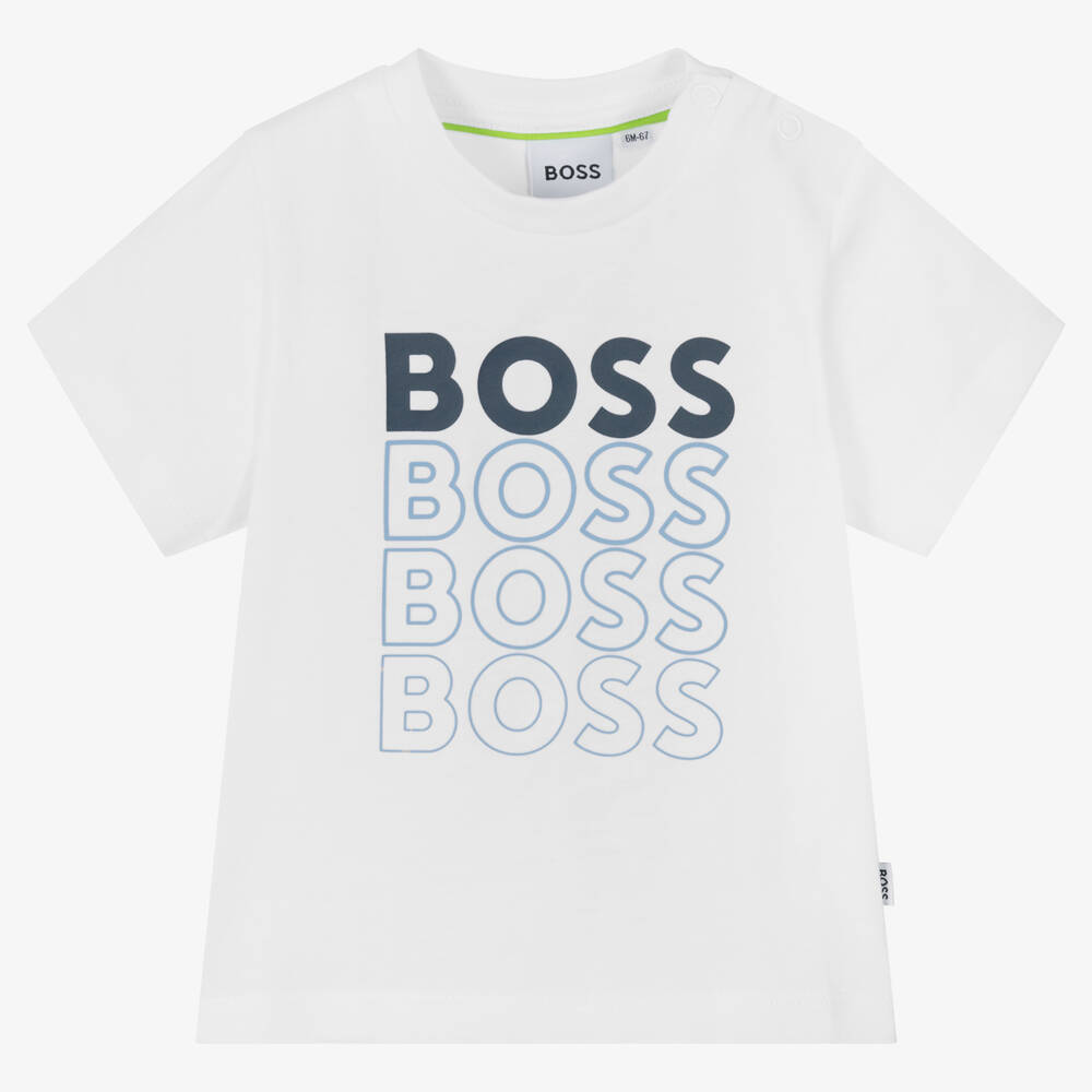 BOSS - Белая хлопковая футболка с градиентной надписью | Childrensalon