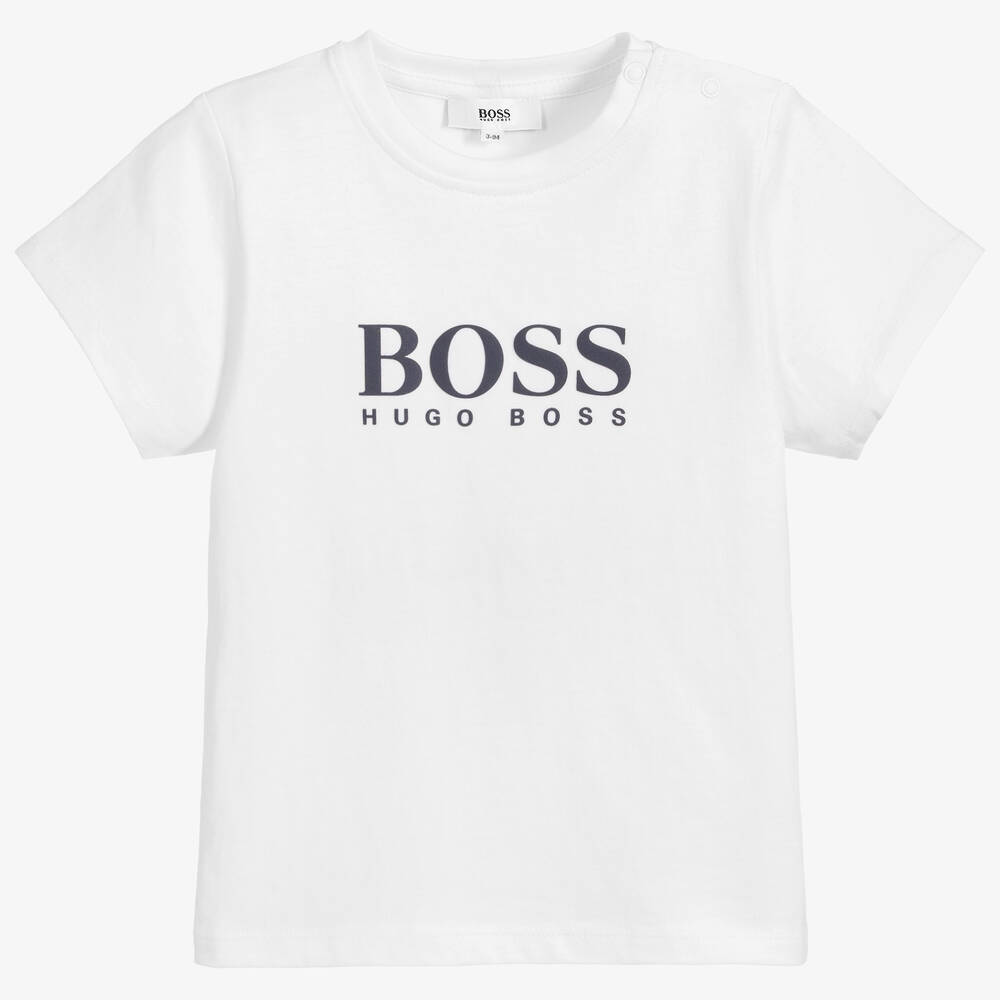 BOSS - تيشيرت أطفال ولادي قطن لون أبيض | Childrensalon