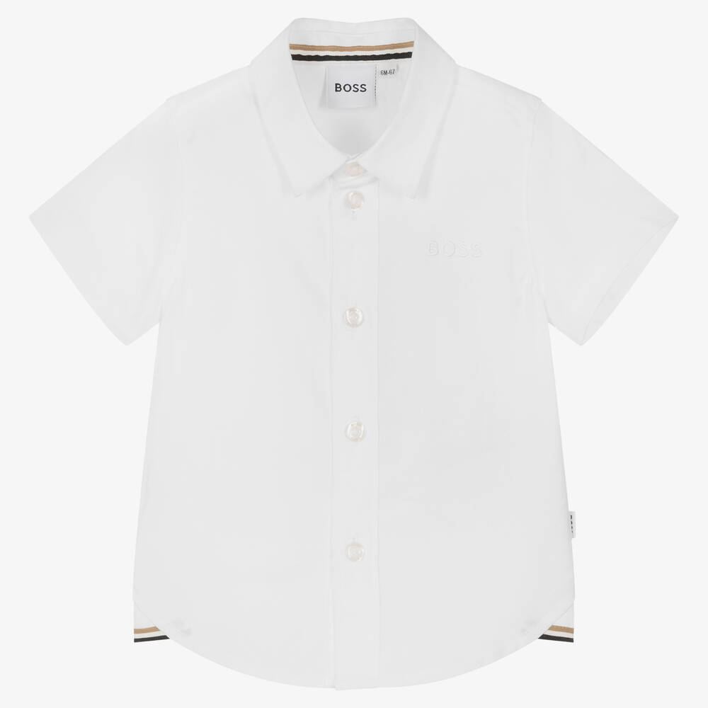 BOSS - قميص أطفال ولادي قطن أكسفورد لون أبيض | Childrensalon