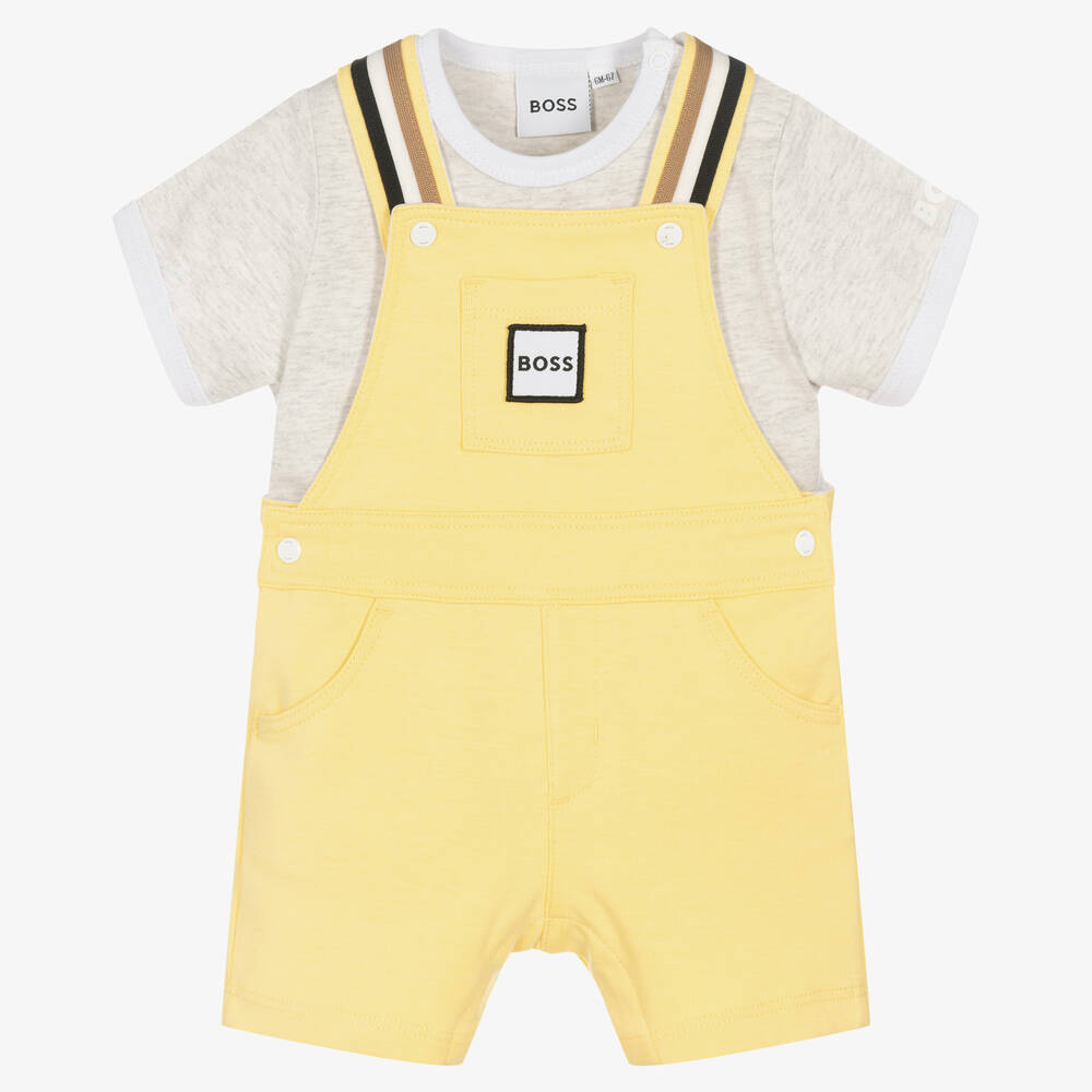 BOSS - Baby Boys Yellow Dungaree Shorts Set | Childrensalon