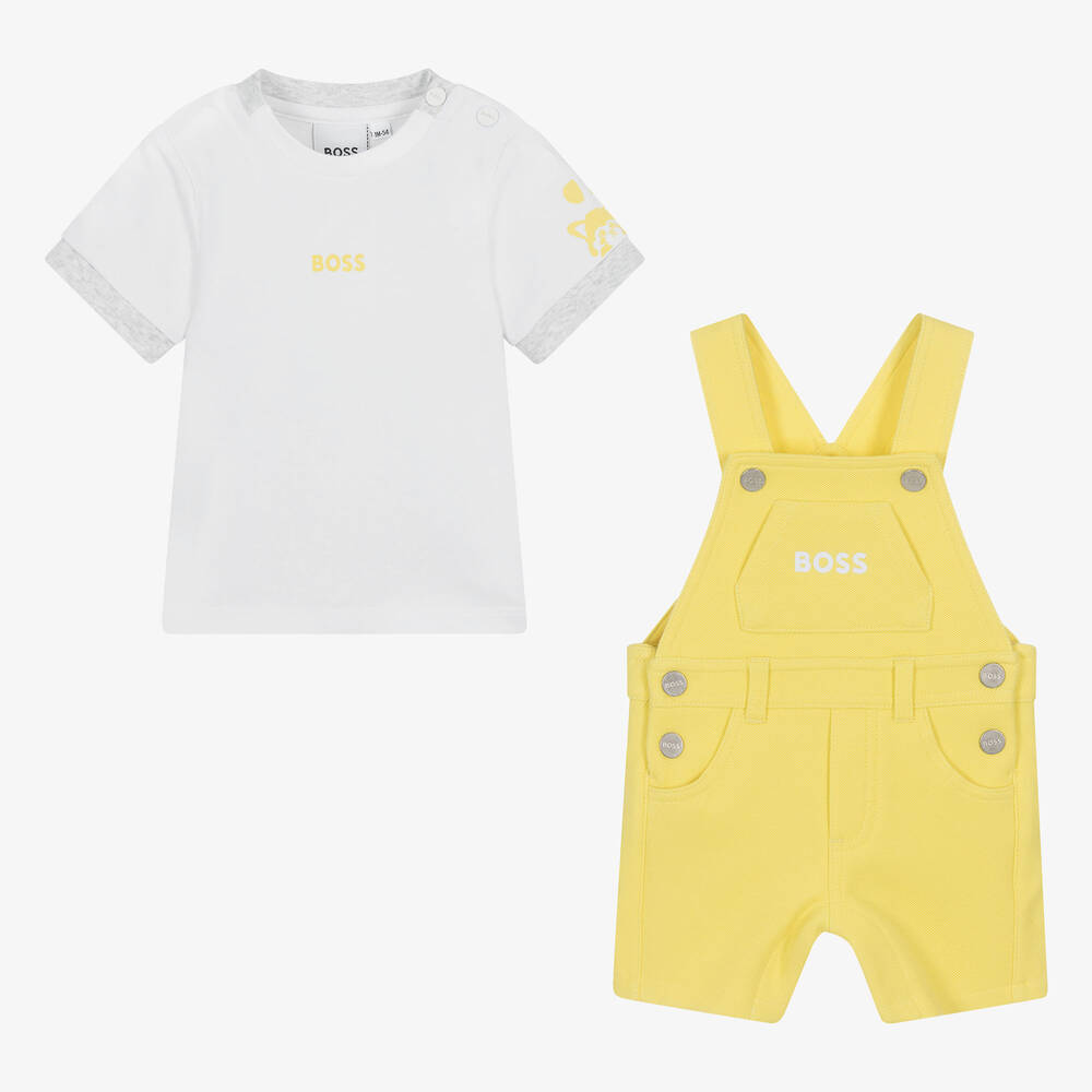 BOSS-طقم دانغريز قطن جيرسي لون أصفر وأبيض للمواليد | Childrensalon Outlet