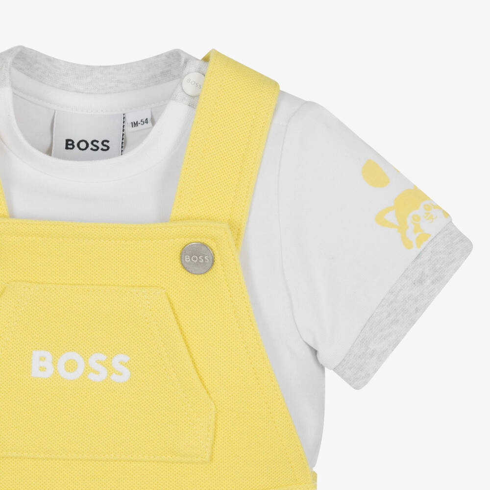 BOSS-طقم دانغريز قطن جيرسي لون أصفر وأبيض للمواليد | Childrensalon Outlet