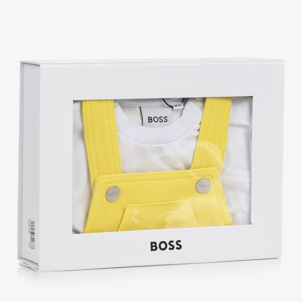 BOSS-طقم دانغريز قطن جيرسي لون أصفر وأبيض للمواليد | Childrensalon Outlet