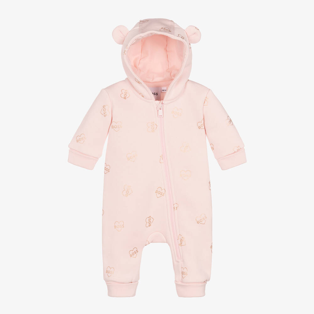 BOSS - Baby Girls Pink Cotton Pramsuit | Childrensalon