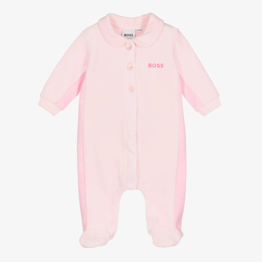 BOSS - Baby Girls Pink Velour Babygrow | Childrensalon