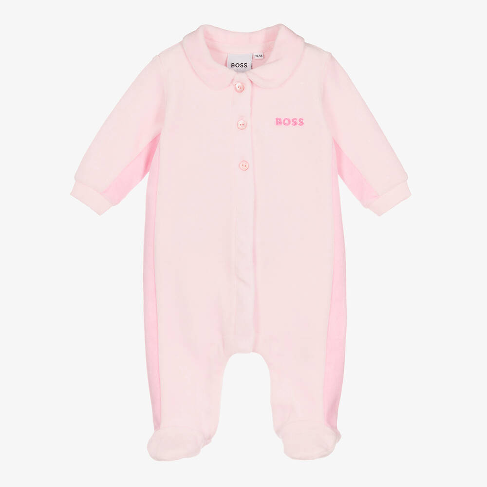 BOSS - Grenouillère rose en velours bébé fille | Childrensalon