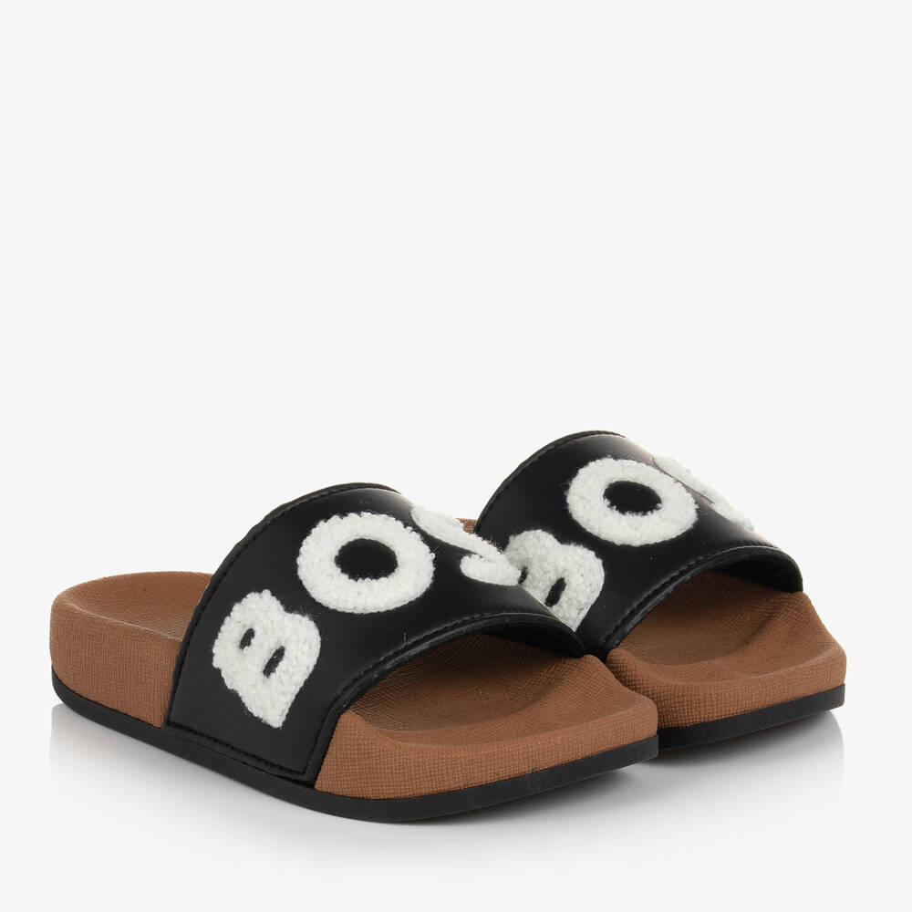 BOSS - Beige & Black Rubberised Sliders | Childrensalon