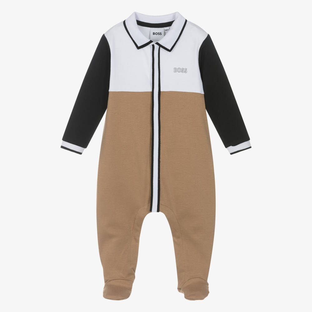 BOSS-Beige Boys Collared Cotton Onesie | Childrensalon Outlet