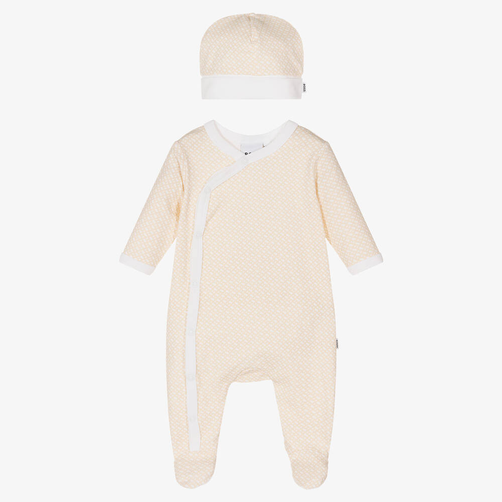 BOSS -  أفرول وقبعة قطن جيرسي لون أبيض وبيج للأطفال | Childrensalon