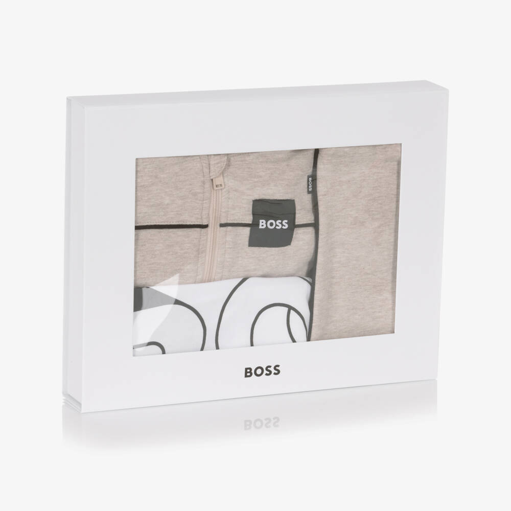 BOSS-Baby Boys Beige Marl Cotton Tracksuit Set | Childrensalon Outlet