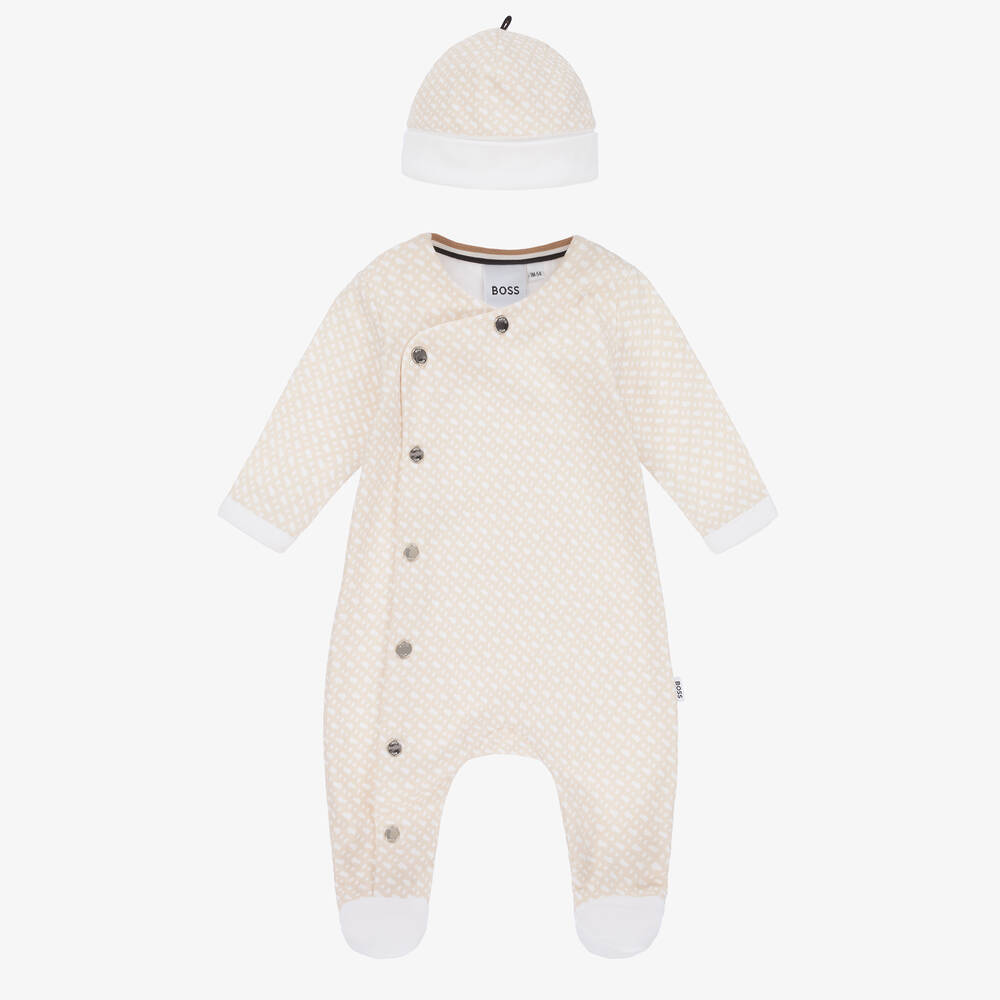 BOSS - Beige Logo Babygrow & Hat Set | Childrensalon