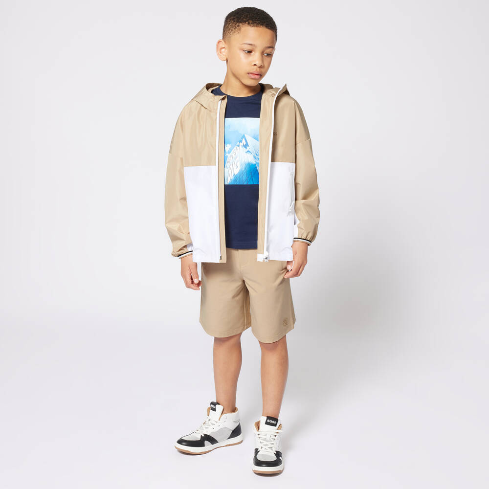 BOSS-Beige & White Boys Hooded Coat | Childrensalon Outlet