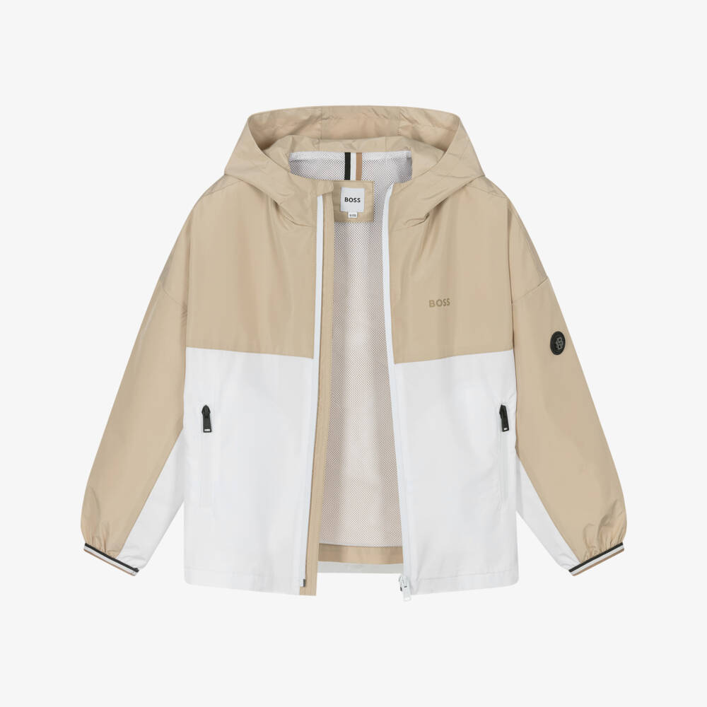 بوس-معطف بغطاء رأس بيج وأبيض للأولاد | Childrensalon Outlet