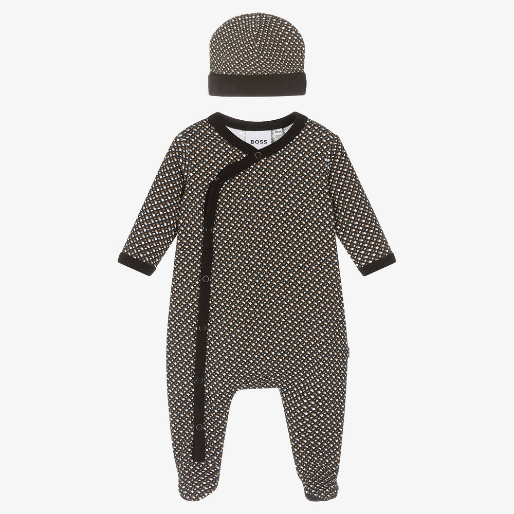 BOSS -  أفرول وقبعة قطن جيرسي لون أسود وبيج للأطفال | Childrensalon