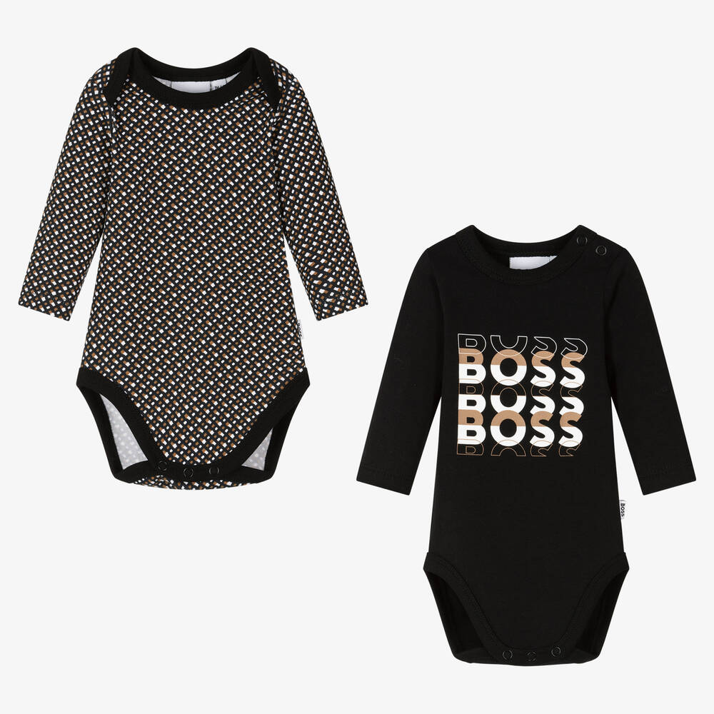 BOSS - Black & Beige Cotton Bodyvests (2 Pack) | Childrensalon