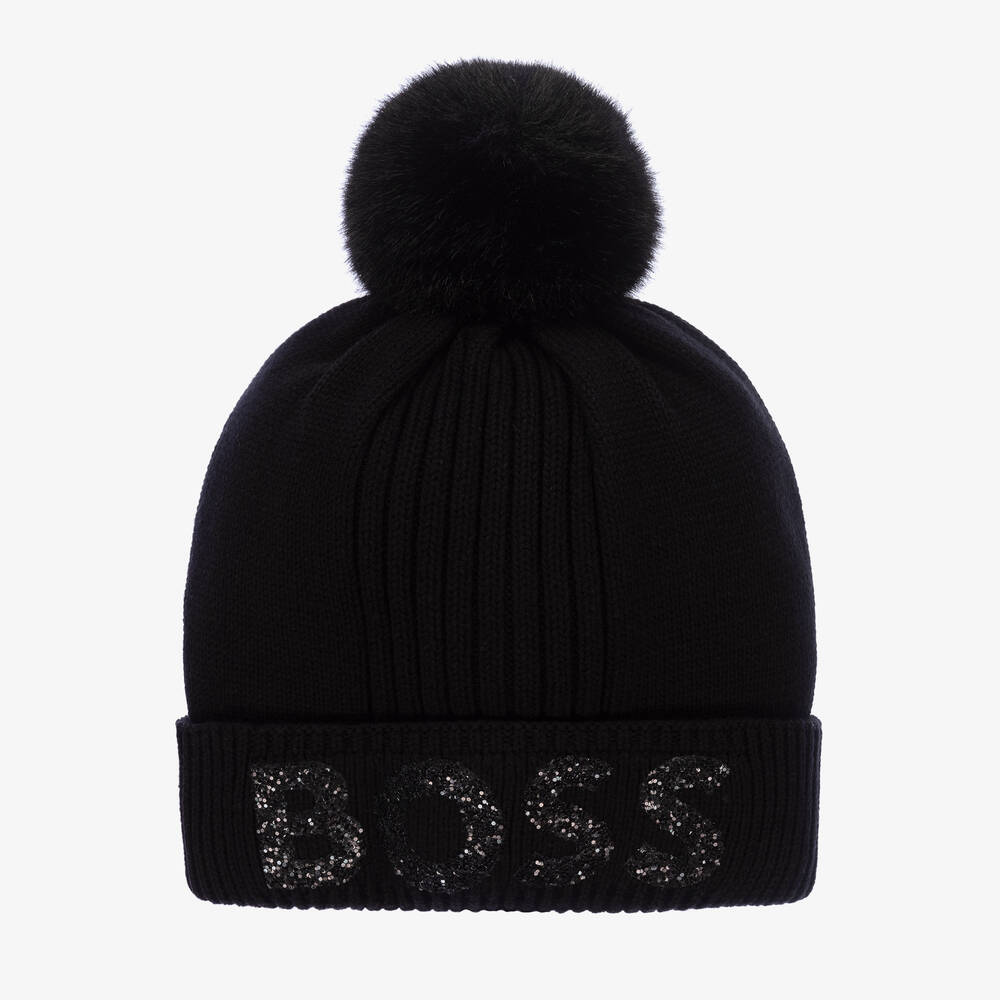 BOSS - قبعة بوم-بوم قطن محبوك لون أسود للبنات | Childrensalon
