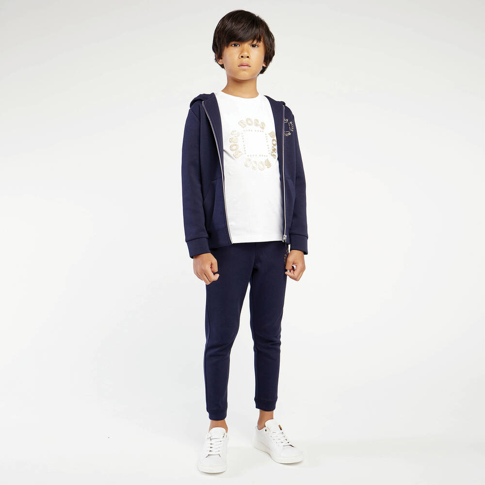 BOSS-Blue Cotton Gold Logo Joggers | Childrensalon Outlet