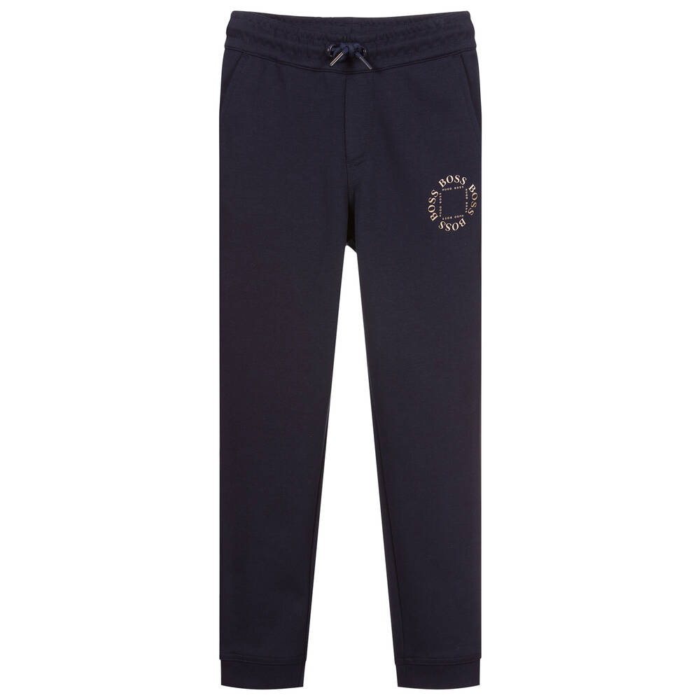 BOSS-Blue Cotton Gold Logo Joggers | Childrensalon Outlet
