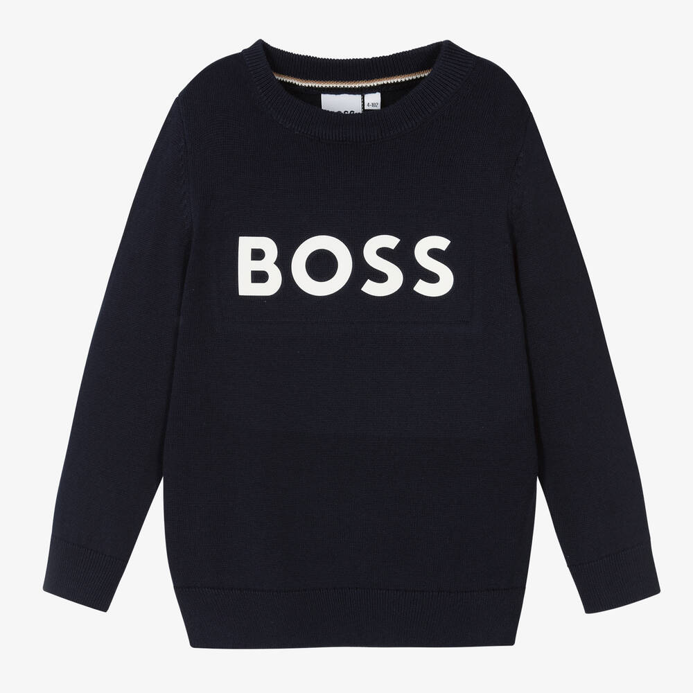 BOSS - Pull bleu en maille de coton | Childrensalon