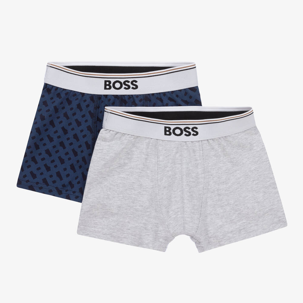 BOSS - Blue & Grey Monogram Boxer Shorts (2 Pack) | Childrensalon