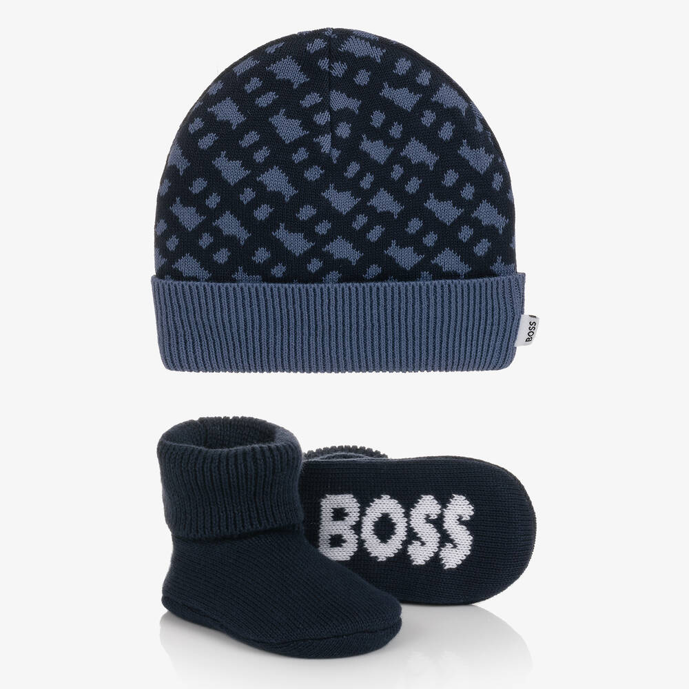 BOSS - Синий подарочный комплект из шапочки и пинеток | Childrensalon