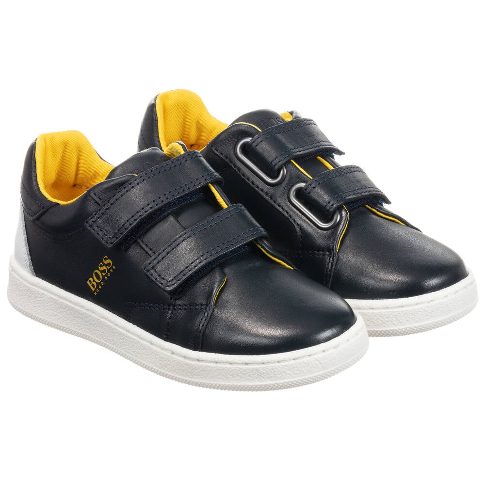 BOSS - Blue Leather Velcro Trainers | Childrensalon