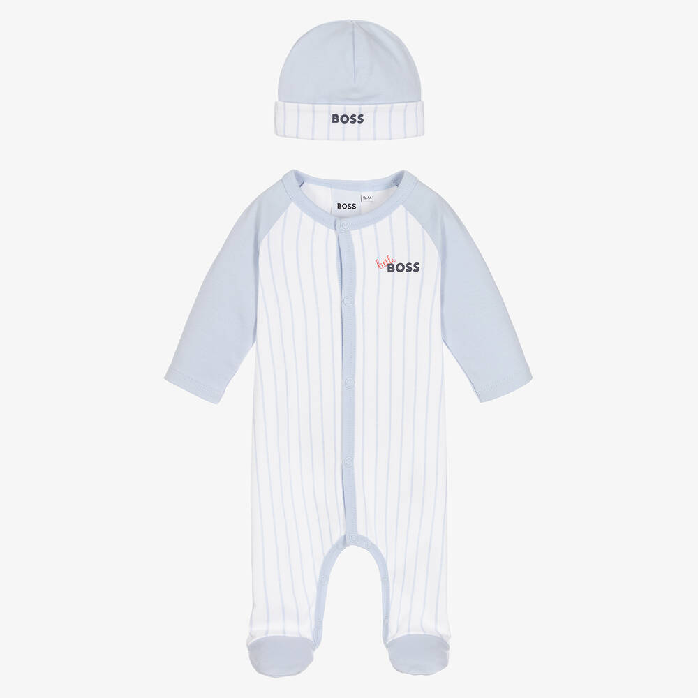 BOSS - طقم قبعة وبيبي غرو قطن عضوي لون أزرق وأبيض للأولاد | Childrensalon