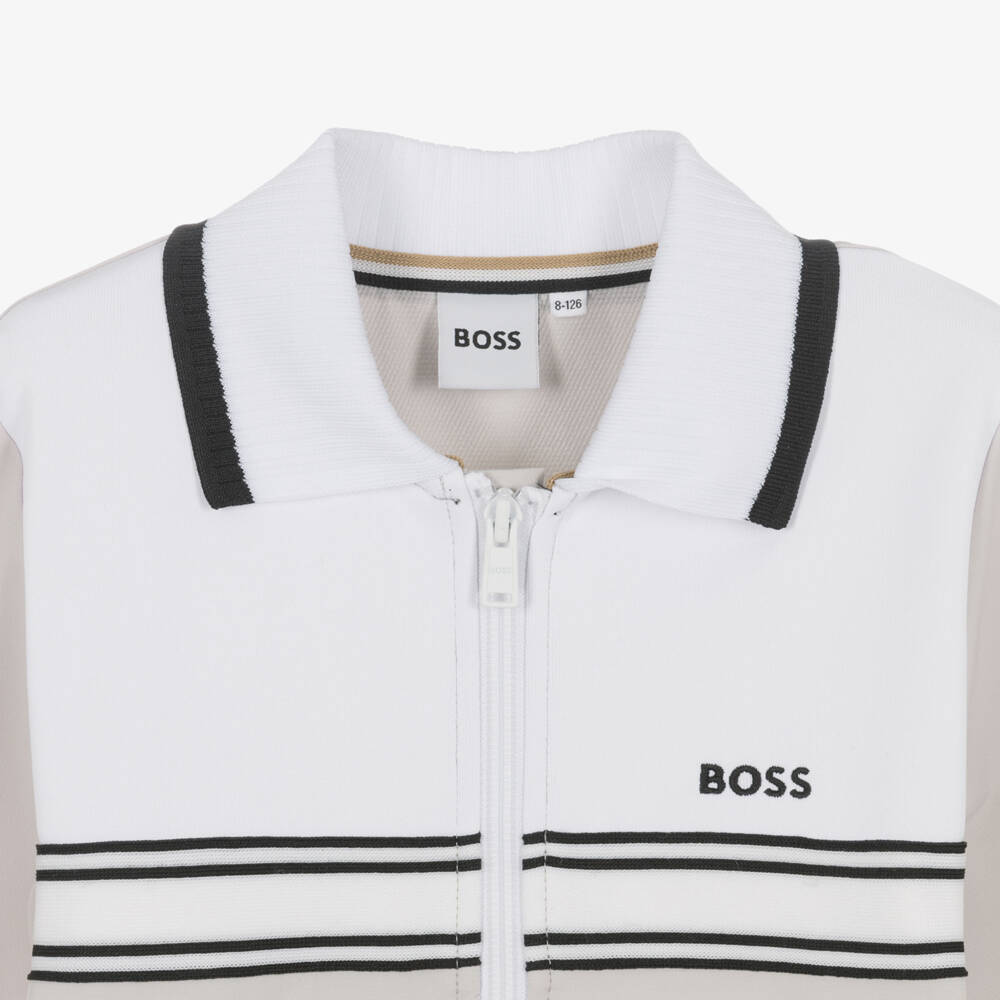 BOSS-Boys Beige and White Zip-Up Top | Childrensalon Outlet
