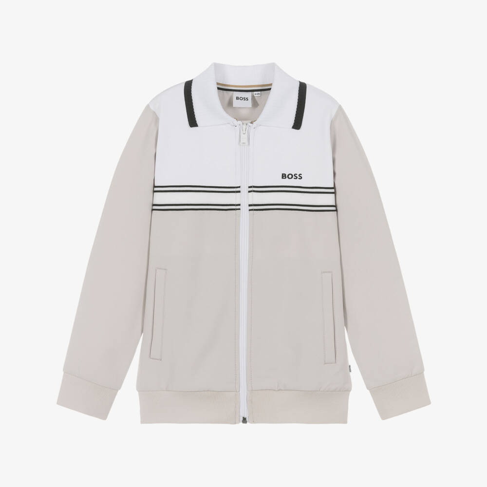 BOSS-Boys Beige and White Zip-Up Top | Childrensalon Outlet