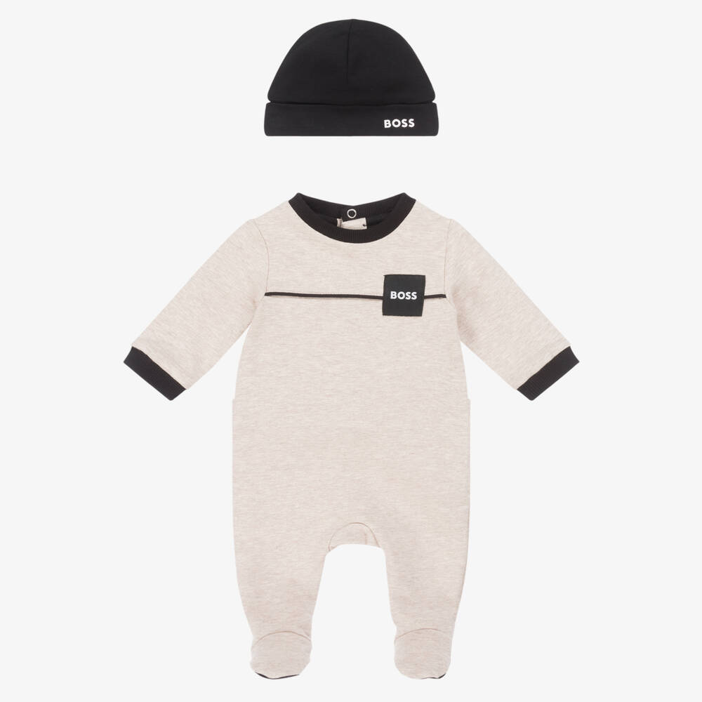 BOSS-Boys Beige & Black Cotton Babysuit Set | Childrensalon Outlet
