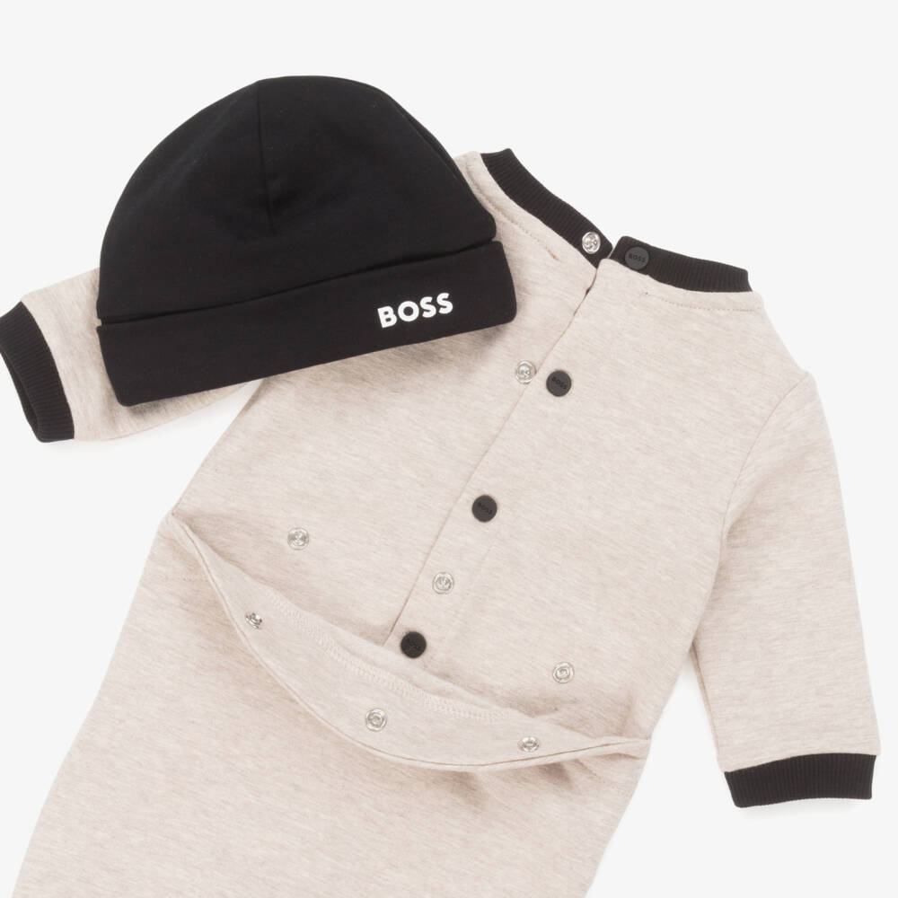 BOSS-Boys Beige & Black Cotton Babysuit Set | Childrensalon Outlet