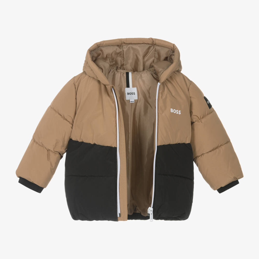 BOSS-Boys Beige & Black Hooded Down Jacket | Childrensalon Outlet