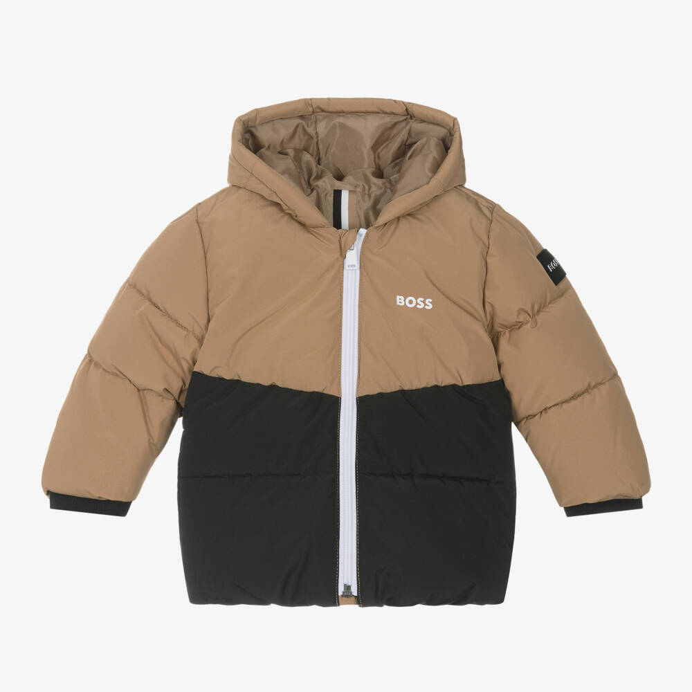 BOSS-Boys Beige & Black Hooded Down Jacket | Childrensalon Outlet